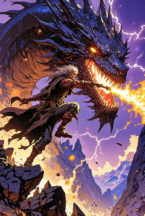 A dynamic, explosive action shot of an Old School Dragon Tamer, a grizzled and scarred veteran in his 60s with a wild, determined glare. He is leaping from a rocky outcrop, his tattered leather cloak and grey hair whipped by the wind. His body is coiled in...