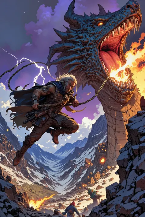 A dynamic, explosive action shot of an Old School Dragon Tamer, a grizzled and scarred veteran in his 60s with a wild, determined glare. He is leaping from a rocky outcrop, his tattered leather cloak and grey hair whipped by the wind. His body is coiled in...