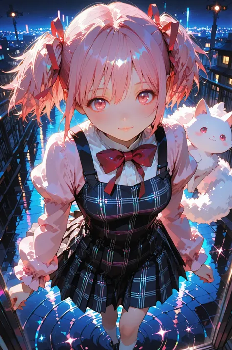 madoka kaname, short hair, ribbon, twintails, hair ribbon, pink hair, pink eyes, short twintails,,,,,,,,,.00,Outstanding work, slightly realistic, of extraordinary quality, very beautiful, ultra-high resolution, high resolution, anime style-----Show your f...