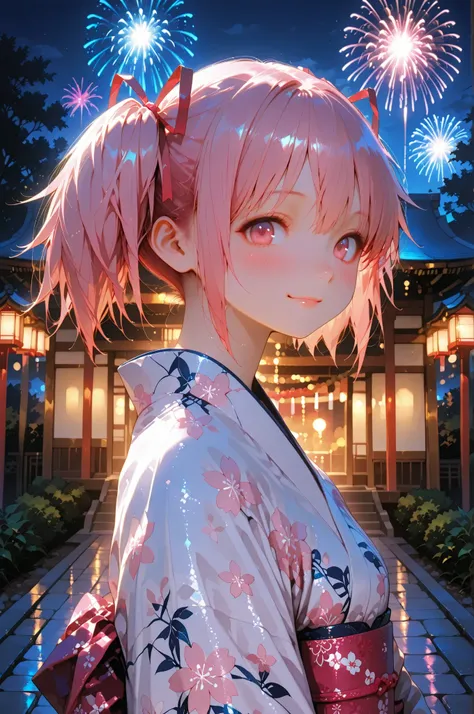 madoka kaname, short hair, ribbon, twintails, hair ribbon, pink hair, pink eyes, short twintails,,,,,,,,,.00,Outstanding work, slightly realistic, of extraordinary quality, very beautiful, ultra-high resolution, high resolution, anime style-----Yukata/Nigh...
