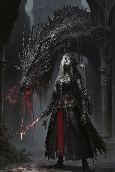 A dramatic, darkly elegant scene in a gothic, rain-slicked courtyard of a forgotten castle at midnight. A tall, severe gothic witch dragon tamer with pale skin, sharp features, and intense kohl-rimmed eyes. Her long, raven-black hair is woven with ancient ...