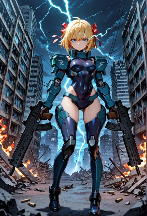masterpiece, top quality, amazing quality, perfect face, highest resolution, anime-style pattern, hentaianime-style pattern, 3DCG, 1girl, solo, Cyborg Girl, android girl, blonde hair, hair ribbon, short hair, blue eyes, Modern Armament, Heavily armed maide...