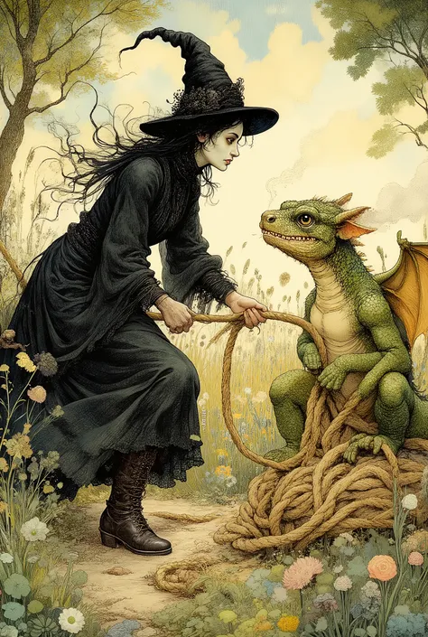 A hilarious and whimsical scene of a determined gothic witch and a grumpy young dragon playing tug-of-war with a giant, knotted rope in a sun-drenched meadow. The witch, with her dramatic black dress and serious expression, is pulling with all her might, h...