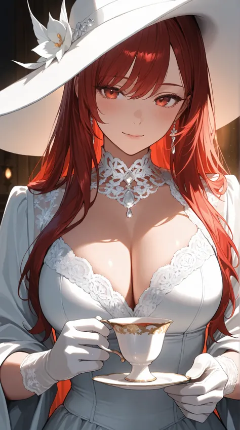 A beautiful woman with long,  red hair, wearing a white, lace-trimmed top and gloves, a wide-brimmed white hat, and delicate white jewelry, holding a teacup.  The image should be in a highly detailed, painterly style with a soft, romantic lighting, masterp...