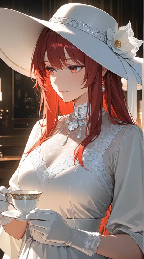 A beautiful woman with long,  red hair, wearing a white, lace-trimmed top and gloves, a wide-brimmed white hat, and delicate white jewelry, holding a teacup.  The image should be in a highly detailed, painterly style with a soft, romantic lighting, masterp...