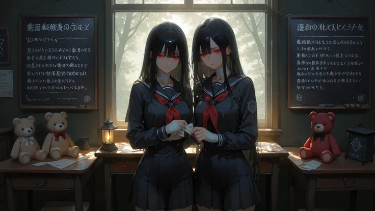 long black hair long hair, has red eyes 、dark, sick, and cute, mysterious transfer student and female student,彼女は黒を基調としたsailor suitを着ており、the other hand Has a lantern。with a bandage wrapped around her neck,The expression is ephemeral and melancholy,holding ...