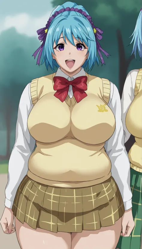 score_9, score_8_up, score_7_up, source_anime, kurumu kurono, short hair, blue hair, purple eyes, ponytail, ribbon, hair ribbon, hair ornament, large breasts,, shirt, white shirt, long sleeves, bow, red bow, sweater vest, yellow sweater vest, skirt, plaid ...