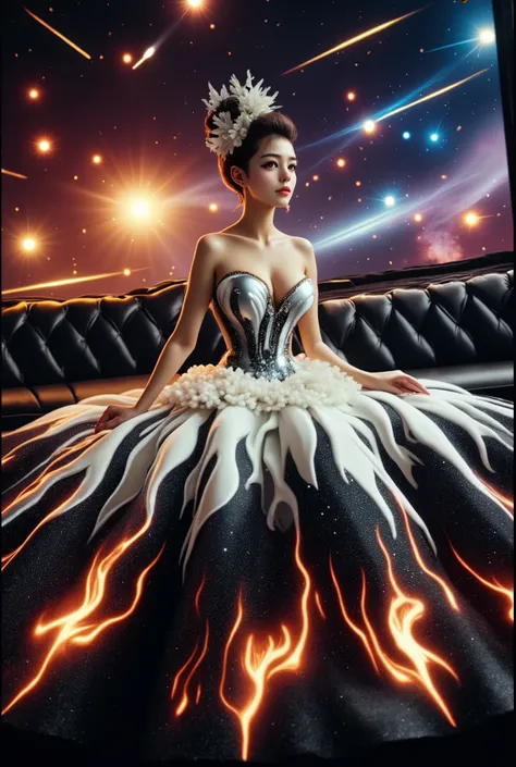 A beautiful Asian idol girl with white skin, douyin-style makeup face, eyelashes, With fake giant breasts, blue eyes, shiny body, wet body, wearing a tight strapless dress that presses the breasts, with a sexy and slim body, a small waist, flame dress, Shi...