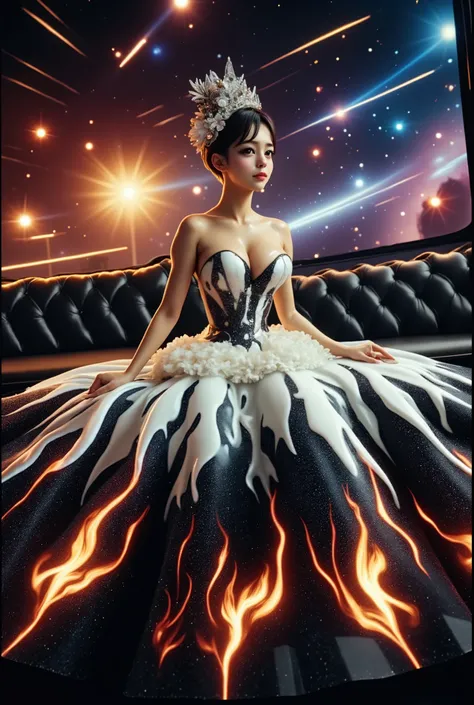 A beautiful Asian idol girl with white skin, douyin-style makeup face, eyelashes, With fake giant breasts, blue eyes, shiny body, wet body, wearing a tight strapless dress that presses the breasts, with a sexy and slim body, a small waist, flame dress, Shi...