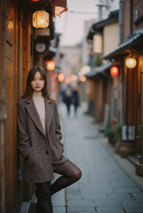 Autumn Japanese back alley; editorial portrait; woman leaning to wall, knee slightly bent, camera-looking.
Outfit: milk-tea crewneck knit; tweed A-line mini skirt (Glen check); dark brown short peacoat; black 40D tights; loafers; mini Boston bag.
Cool morn...