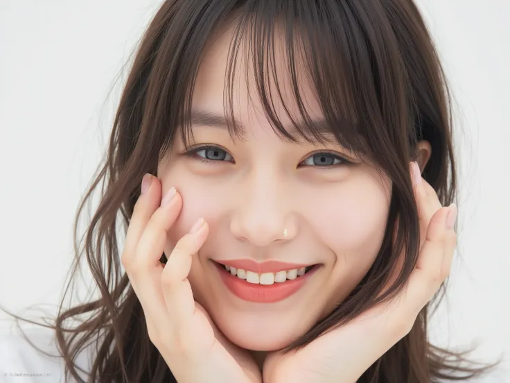 (Refined from an old photo, recreated in a modern, ultra high-quality photorealistic style, with a trendy Reiwa-era hairstyle: soft semi-long hair with natural waves and airy see-through bangs), 
Ultra photorealistic close-up portrait of a beautiful Japane...