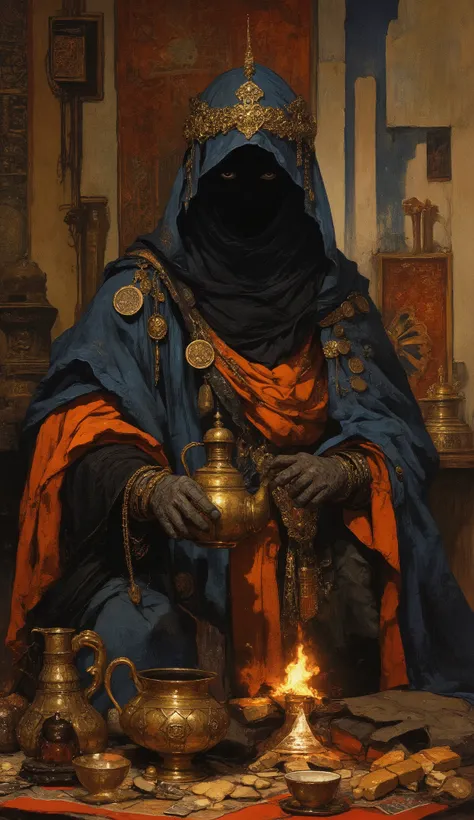 Fulllength view of captures a mysterious, unearthly figure in a hooded robe, a Bedouin woman dressed in traditional Middle Eastern clothing the Gloved hands are completely covered by the fabric, her face completely hidden in deep shadow, wearing a dark blu...