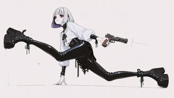 ((high angle)) Pale skin goth girl, bicolor hair bob cut, gothic makeup, white blouse, black latex pants , platform boots, very long and stylized legs, dynamic pose, Aim with a gun that holds his hand. textured white background.