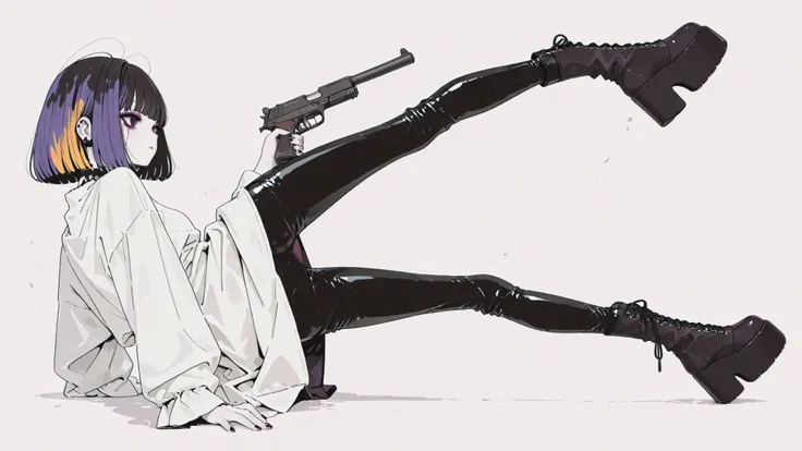 ((high angle)) Pale skin goth girl, bicolor hair bob cut, gothic makeup, white blouse, black latex pants , platform boots, very long and stylized legs, dynamic pose, Aim with a gun that holds his hand. textured white background.