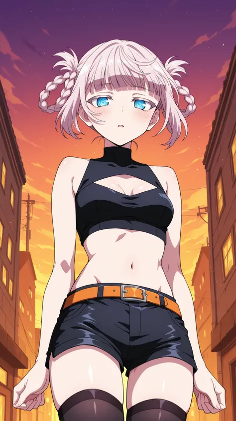 BREAK (masterpiece:1.2), best quality, high resolution, unity 8k wallpaper, (illustration:0.8), (beautiful detailed eyes:1.6),Anime-style view from the street, skyscrapers glowing in orange and purple sunset light. The sky burns with warm colors between ta...