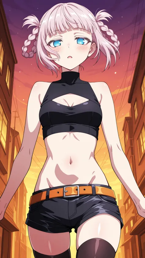 BREAK (masterpiece:1.2), best quality, high resolution, unity 8k wallpaper, (illustration:0.8), (beautiful detailed eyes:1.6),Anime-style view from the street, skyscrapers glowing in orange and purple sunset light. The sky burns with warm colors between ta...