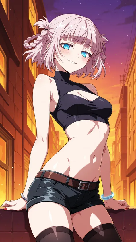 BREAK (masterpiece:1.2), best quality, high resolution, unity 8k wallpaper, (illustration:0.8), (beautiful detailed eyes:1.6),Anime-style view from the street, skyscrapers glowing in orange and purple sunset light. The sky burns with warm colors between ta...