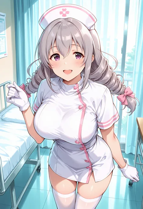 Score_9, score_8_up, score_7_up, source_anime, Sakakibara_Satomi_Cinderella, solo, grey hair, large breasts, low twintails, purple eyes, twin drills, bow, hair bow, ribbon, hair between eyes, large breasts, (best quality), (high quality), {masterpiece}, ex...