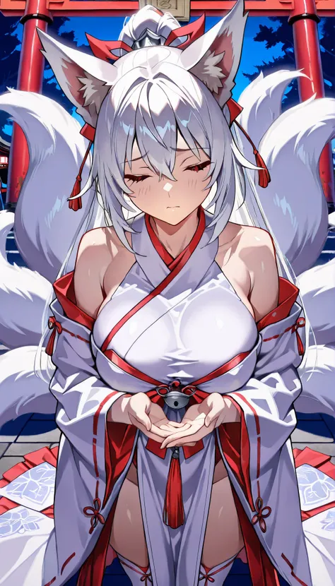 ((masterpiece)), Highest Quality , super detail, high resolution, Extremely Detailed CG Integrated 8K Wallpaper，HQ_HDR, (BIG BREASTS), (Extremely Attractive Nine Tails ), Foxの耳, Fox' s Tail, (Delicate fabric, Well Designed Shrine Maiden Outfit), (Delic...