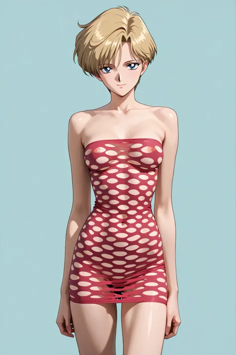 masterpiece, amazing quality, best quality, ultra-detailed, 8K, illustration, clear skin, ultra-detailed-eyes, soft skin, very awa, very as2, soft body, 1990s \(style\), official art, adult woman,haruka tenou, blonde hair, blue eyes, parted bangs, short ha...