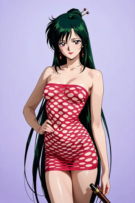 masterpiece, amazing quality, best quality, ultra-detailed, 8K, illustration, clear skin, ultra-detailed-eyes, soft skin, very awa, very as2, soft body, 1990s \(style\), official art, adult woman,setsuna meiou, long hair, red eyes, very long hair, green ha...