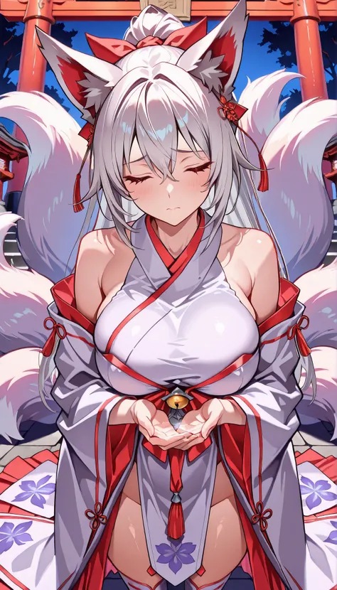 ((masterpiece)), Highest Quality , super detail, high resolution, Extremely Detailed CG Integrated 8K Wallpaper，HQ_HDR, (BIG BREASTS), (Extremely Attractive Nine Tails ), Foxの耳, Fox' s Tail, (Delicate fabric, Well Designed Shrine Maiden Outfit), (Delic...