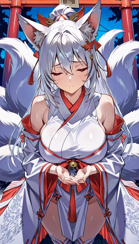((masterpiece)), Highest Quality , super detail, high resolution, Extremely Detailed CG Integrated 8K Wallpaper，HQ_HDR, (BIG BREASTS), (Extremely Attractive Nine Tails ), Foxの耳, Fox' s Tail, (Delicate fabric, Well Designed Shrine Maiden Outfit), (Delic...