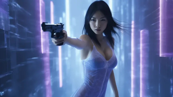 (blueprint style buildings). (((high angle view, overhead shot))). Matrix style, Ryoji Ikeda Style, Translucent Chinese girl in mid-ground, ((half-body thigh level medium:1.8 shot)), long hair, (((transparent:0.1 short:0.1 shift dress))), cleavage, large-b...