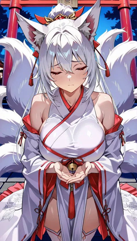 ((masterpiece)), Highest Quality , super detail, high resolution, Extremely Detailed CG Integrated 8K Wallpaper，HQ_HDR, (BIG BREASTS), (Extremely Attractive Nine Tails ), Foxの耳, Fox' s Tail, (Delicate fabric, Well Designed Shrine Maiden Outfit), (Delic...