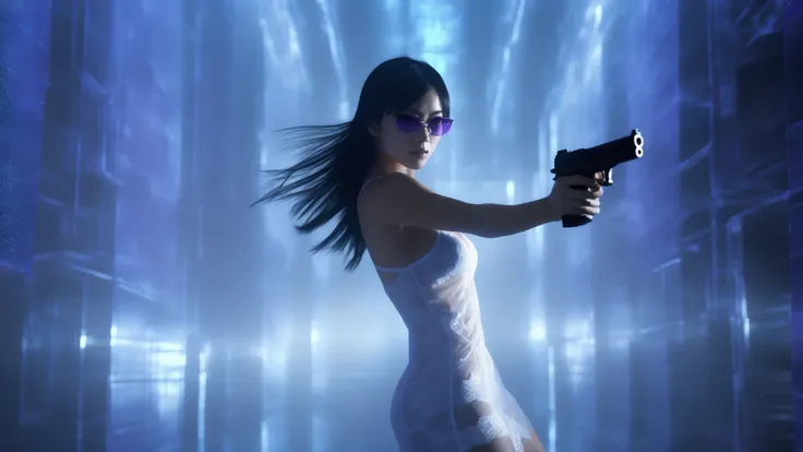 (blueprint style buildings). (((high angle view, overhead shot))). Matrix style, Ryoji Ikeda Style, Translucent Chinese girl in mid-ground, ((half-body thigh level medium:1.8 shot)), long hair, (((transparent:0.1 short:0.1 shift dress))), cleavage, large-b...