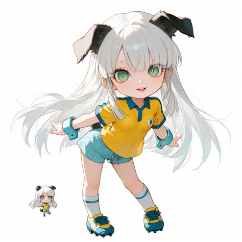 Full body, standing, SD, chibi character, chibi, mini, cute, only daughter, solo, cute girl, beautiful, innocent, pure, adorable, white hair, long hair, loose straight hair, long side bangs, white drooping dog ears on both sides, bangs, green eyes, round e...