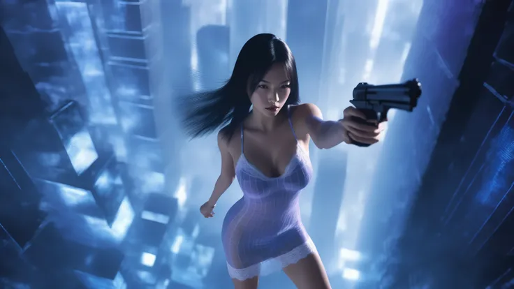 (blueprint style buildings). (((high angle view, overhead shot))). Matrix style, Ryoji Ikeda Style, Translucent Chinese girl in mid-ground, ((half-body thigh level medium:1.8 shot)), long hair, (((transparent:0.1 short:0.1 shift dress))), cleavage, large-b...