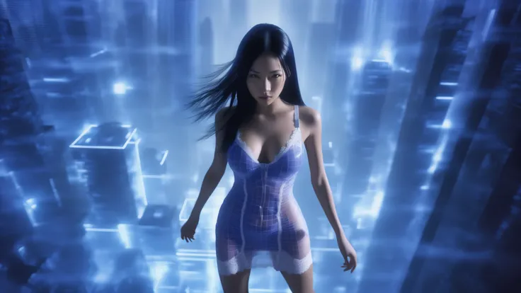 (blueprint style buildings). (((high angle view, overhead shot))). Matrix style, Ryoji Ikeda Style, Translucent Chinese girl in mid-ground, ((half-body thigh level medium:1.8 shot)), long hair, (((transparent:0.1 short:0.1 shift dress))), cleavage, large-b...