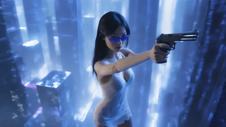 (blueprint style buildings). (((high angle view, overhead shot))). Matrix style, Ryoji Ikeda Style, Translucent Chinese girl in mid-ground, ((half-body thigh level medium:1.8 shot)), long hair, (((transparent:0.1 short:0.1 shift dress))), cleavage, large-b...