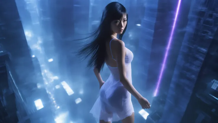 (blueprint style buildings). (((high angle view, overhead shot))). Matrix style, Ryoji Ikeda Style, Translucent Chinese girl in mid-ground, ((half-body thigh level medium:1.8 shot)), long hair, (((transparent:0.1 short:0.1 shift dress))), cleavage, large-b...