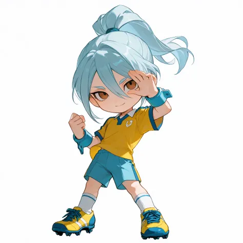 Full body, standing pose, SD, chibi character, chibi, mini character, single boy, solo, handsome, cool, light blue hair, high ponytail, side bangs, long bangs covering one eye, long bangs, brown eyes, round eyes, slanted eyes, vertical pupils, large eyes, ...