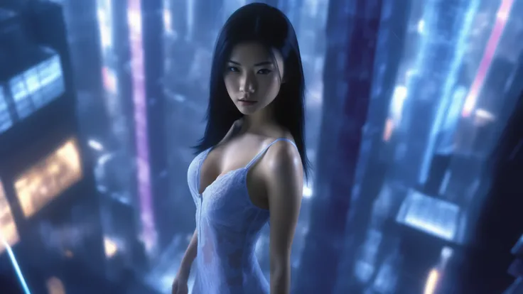 (blueprint style buildings). (((high angle view, overhead shot))). Matrix style, Ryoji Ikeda Style, Translucent Chinese girl in mid-ground, ((half-body thigh level medium:1.8 shot)), long hair, (((transparent:0.1 short:0.1 shift dress))), cleavage, large-b...