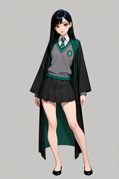 score_9, score_8_up, score_7_up, best quality, masterpiece, 4k resolution, 1girl, solo, youthful, beautiful, full body, long straight hair, pitch black hair, brown eyes, sharp eyes, looking at viewer, elegant posture, bare legs, smooth body, clean skin, h...