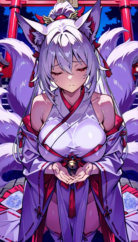 ((masterpiece)), Highest Quality , super detail, high resolution, Extremely Detailed CG Integrated 8K Wallpaper，HQ_HDR, (BIG BREASTS), (Extremely Attractive Nine Tails ), Foxの耳, Fox' s Tail, (Delicate fabric, Well Designed Shrine Maiden Outfit), (Delic...