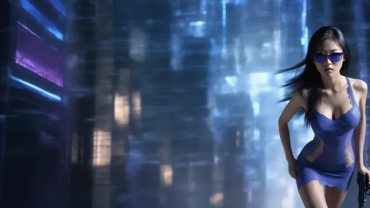 (blueprint style buildings). (((high angle view, overhead shot))). Matrix style, Ryoji Ikeda Style, Translucent Chinese girl in mid-ground, ((half-body thigh level medium:1.8 shot)), long hair, (((transparent:0.1 short:0.1 shift dress))), cleavage, large-b...