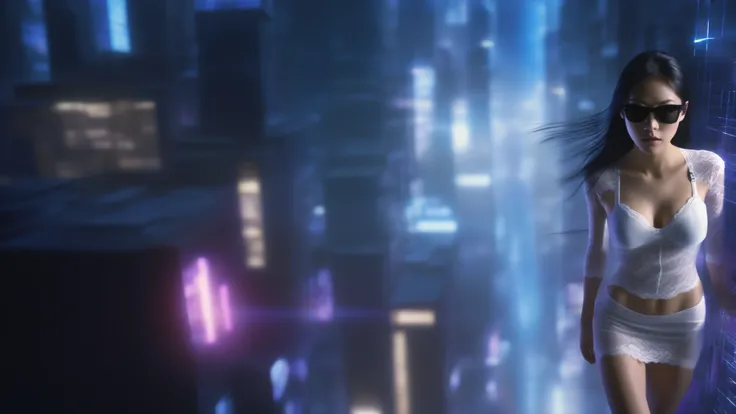 (blueprint style buildings). (((high angle view, overhead shot))). Matrix style, Ryoji Ikeda Style, Translucent Chinese girl in mid-ground, ((half-body thigh level medium:1.8 shot)), long hair, (((transparent:0.1 short:0.1 shift dress))), cleavage, large-b...