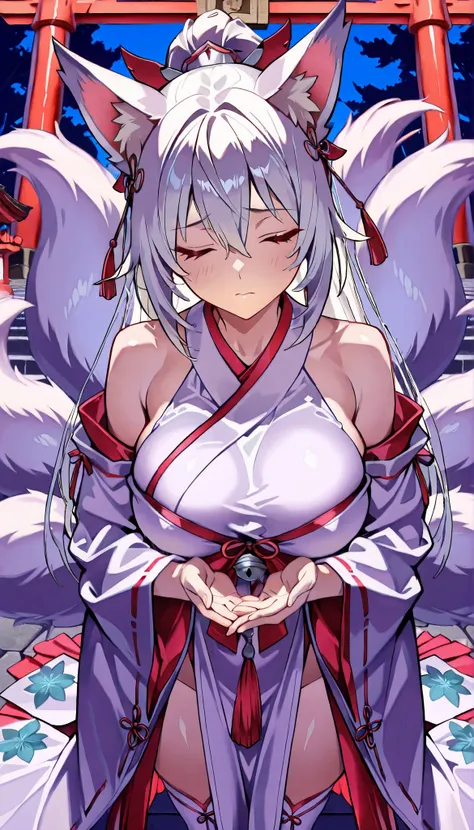 ((masterpiece)), Highest Quality , super detail, high resolution, Extremely Detailed CG Integrated 8K Wallpaper，HQ_HDR, (BIG BREASTS), (Extremely Attractive Nine Tails ), Foxの耳, Fox' s Tail, (Delicate fabric, Well Designed Shrine Maiden Outfit), (Delic...