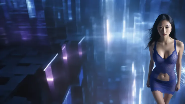 (blueprint style buildings). (((high angle view, overhead shot))). Matrix style, Ryoji Ikeda Style, Translucent Chinese girl in mid-ground, ((half-body thigh level medium:1.8 shot)), long hair, (((transparent:0.1 short:0.1 shift dress))), cleavage, large-b...