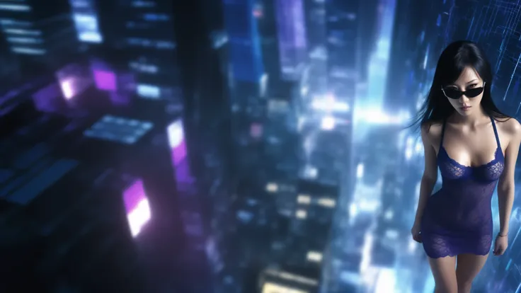 (blueprint style buildings). (((high angle view, overhead shot))). Matrix style, Ryoji Ikeda Style, Translucent Chinese girl in mid-ground, ((half-body thigh level medium:1.8 shot)), long hair, (((transparent:0.1 short:0.1 shift dress))), cleavage, large-b...