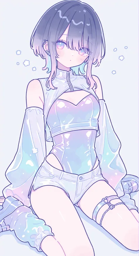 Cropped clothes, leotard, short pants, cool girl, wariza, beautiful eye with attention to detail, garter ring, pastel colors clothes