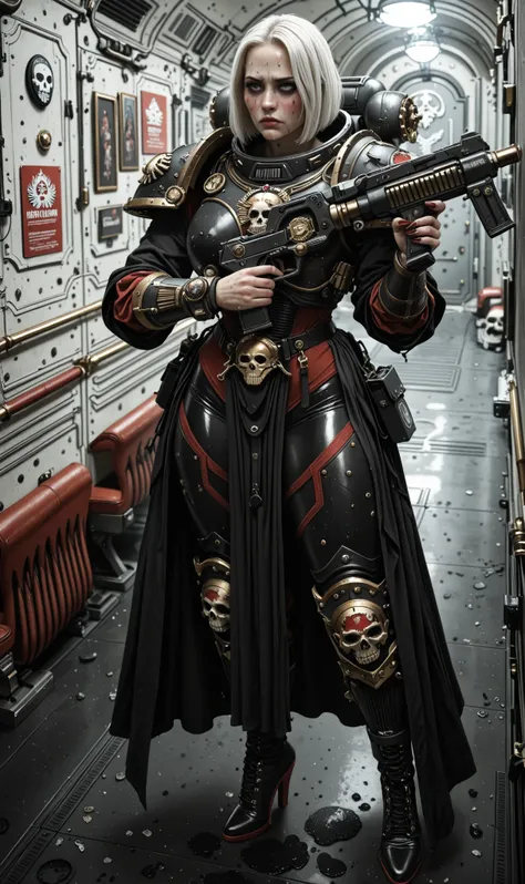 Important (Argenta from game Rogue Trader, 30 year old battle sister, thight high boots, red and black long coatt, black armor, black uniform, warhammer 40 000 theme):
Scene (space ship corridor):
Character Face (sad look, sad, sleepless, goth makeup, face...