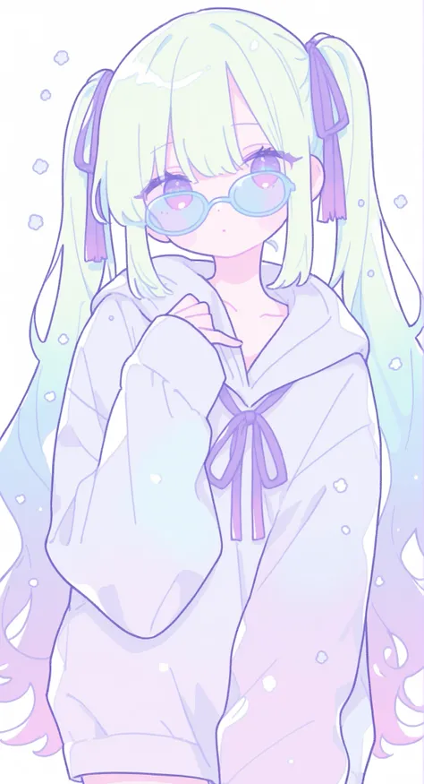 pastel color 服, Oversized Hoodie, ((purple ribbon on sleeves:1.2)), cute, big ribbon 、Boro-Yado's Long Hair, 薄紫から薄greenへのグラデーションヘア, wavy hair, purple gradient eyes, Delicate Lash,beautiful bust、Moderate tear。若いwomanhoodのアートワーク。womanhood、drawn facing the ...