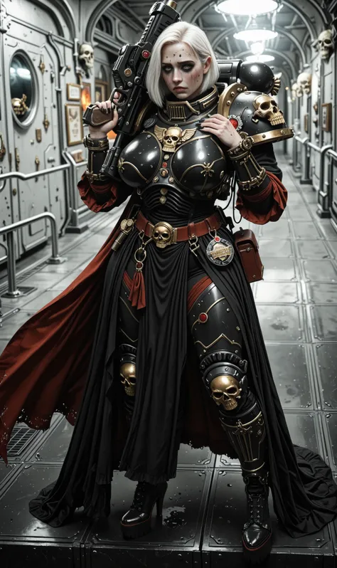 Important (Argenta from game Rogue Trader, 30 year old battle sister, thight high boots, red and black long coatt, black armor, black uniform, warhammer 40 000 theme):
Scene (space ship corridor):
Character Face (sad look, sad, sleepless, goth makeup, face...