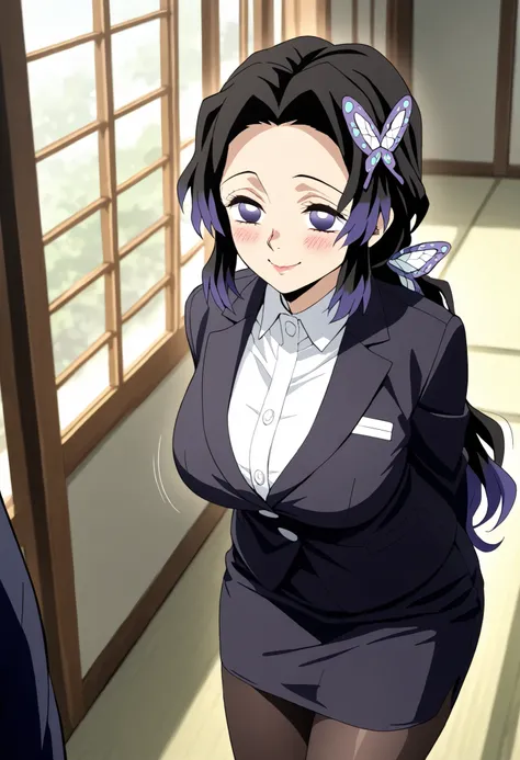  Shinobu Kocho, black hair, butterfly hair ornament, forehead, degraded hair, hair ornament, multicolored hair, split bangs, by the red, low ponytail hair, line of motion、demon slayer、 colored anime 、mature woman、 Masterpiece、 high quality、 high quality de...