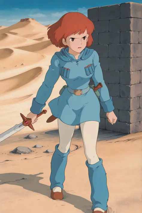 (Masterpiece, top quality, 8k, High quality anime, detailed and accurate anime poster, Studio Ghibli style, High sense), Nausicaa, 1girl, very beautiful, ((solo shoot)), Single Shoot, very cute, (adorable face, very kind ness), wandering wide desert, wind ...